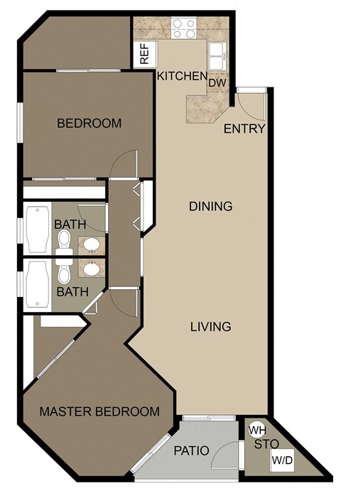 Floor plan for 2 beds, 2 baths, 1050 sqft